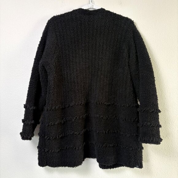 Barefoot Dreams CozyChic Boardwalk Cardigan Size L Black Fringe Open Front Knit - Picture 4 of 10